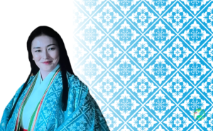大河ドラマ「光る君へ」で高階貴子を演じる板谷由夏と、背後に広がる青い唐花菱文様のデザイン。