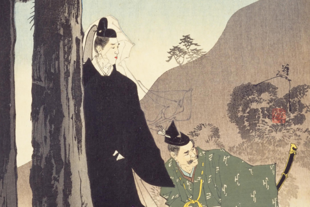 木の横で立ちながら想いに耽る花山天皇