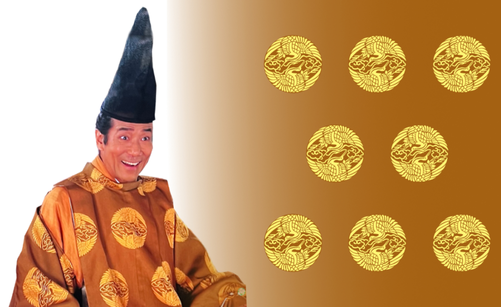 紫式部の父、藤原為時が劇中で着用している雲鶴文様の衣装と、その文様パターンのアップ。