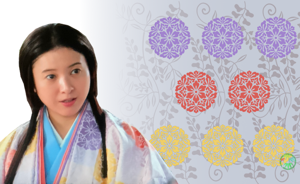 ドラマ『光る君へ』のまひろ（紫式部）と、背景に描かれた唐花丸文様・藤唐草文様のイメージ