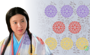 ドラマ『光る君へ』のまひろ（紫式部）と、背景に描かれた唐花丸文様・藤唐草文様のイメージ