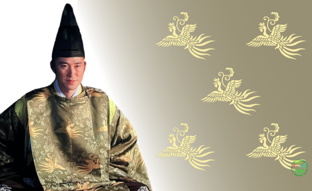 源俊賢が着用している、鳳凰文様が施された平安時代の装束の全体像。