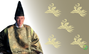 源俊賢が着用している、鳳凰文様が施された平安時代の装束の全体像。