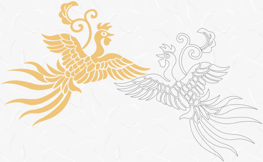 金色の完成見本と線画が並んだ「鳳凰文様 ぬり絵に挑戦」の紹介用アイキャッチ画像