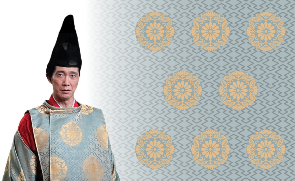 藤原宣孝と、背景には彼が着ている衣装の文様の松皮菱のモチーフが並んでいる