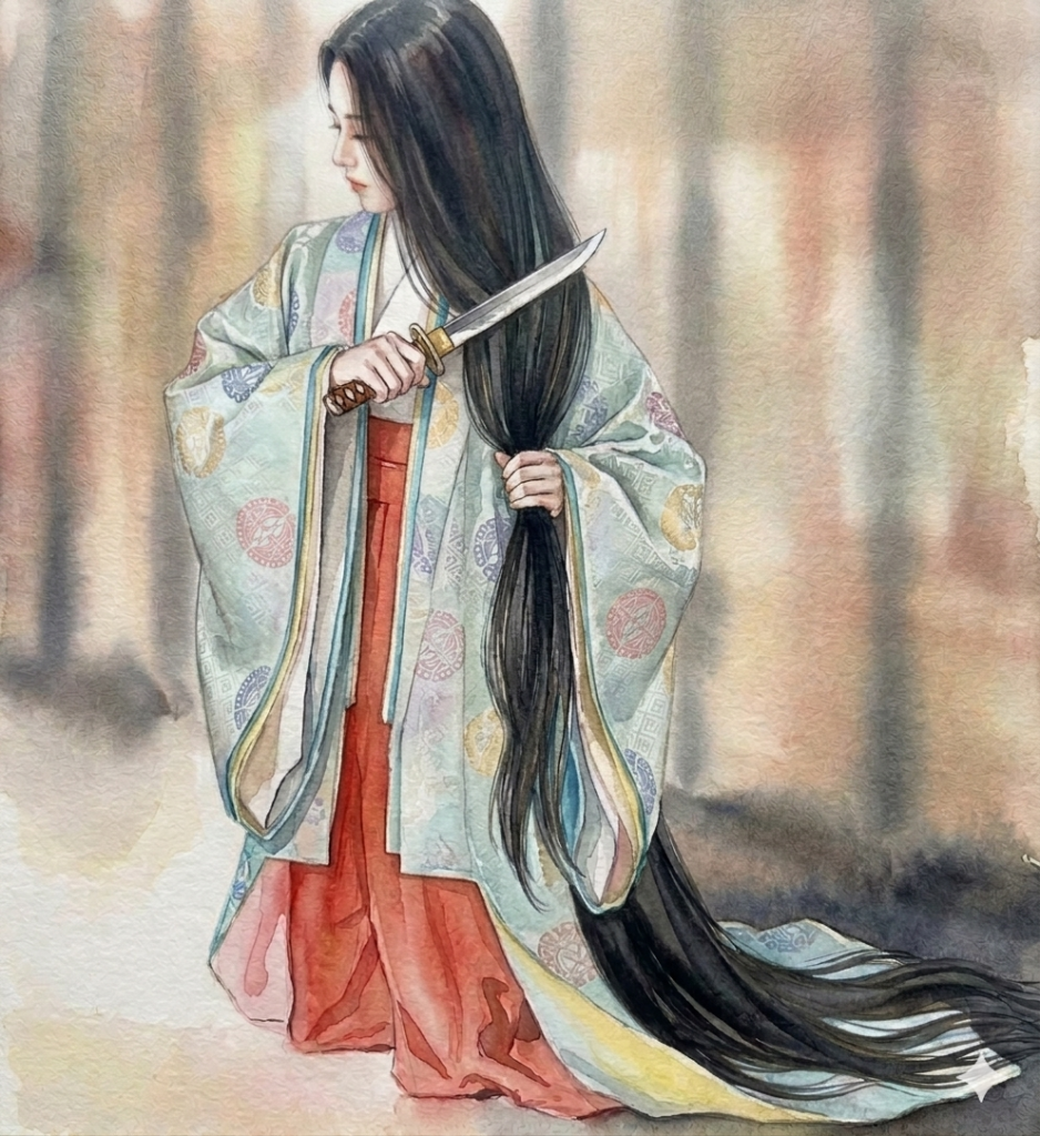 長い髪を自分で切って出家しようとする女性