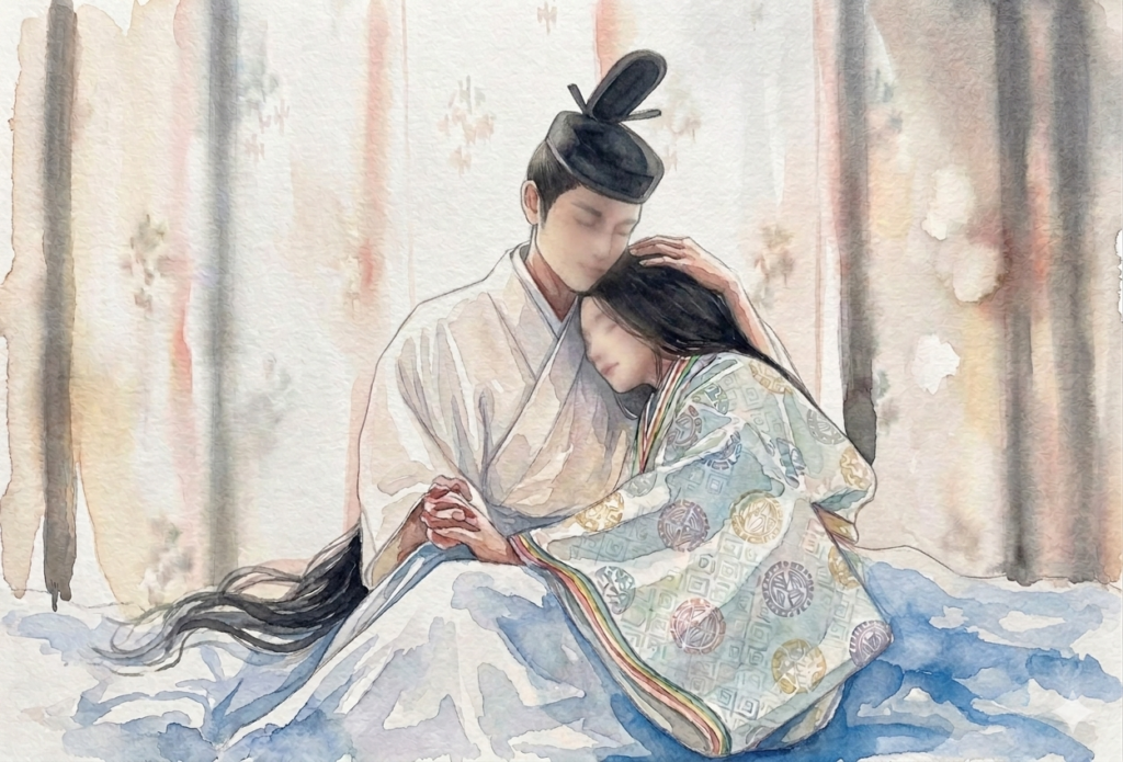 一条天皇と中宮定子が抱き合う悲しいシーン