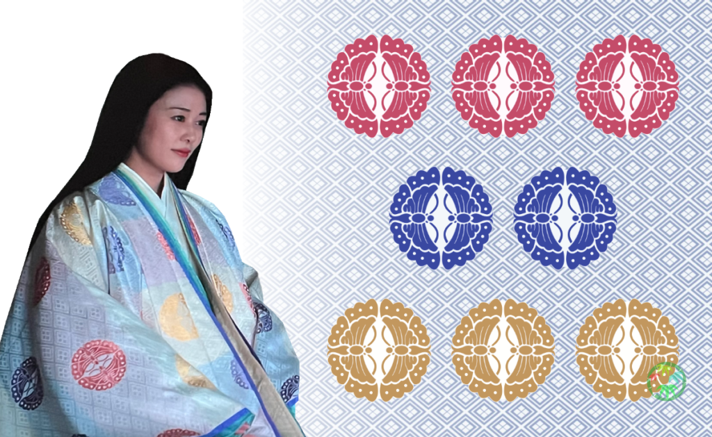 ドラマ『光る君へ』の中宮定子のイメージ画像と、向蝶丸文様のイラスト