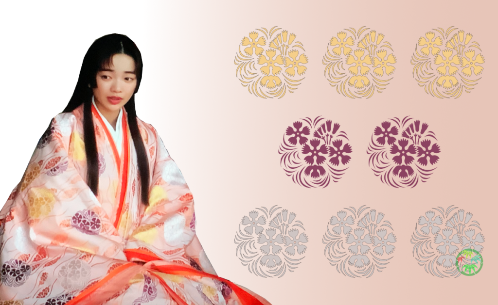 大河ドラマ「光る君へ」の中宮彰子の衣装に使用された撫子（なでしこ）文様の解説画像。金・銀・紫の豪華な配色