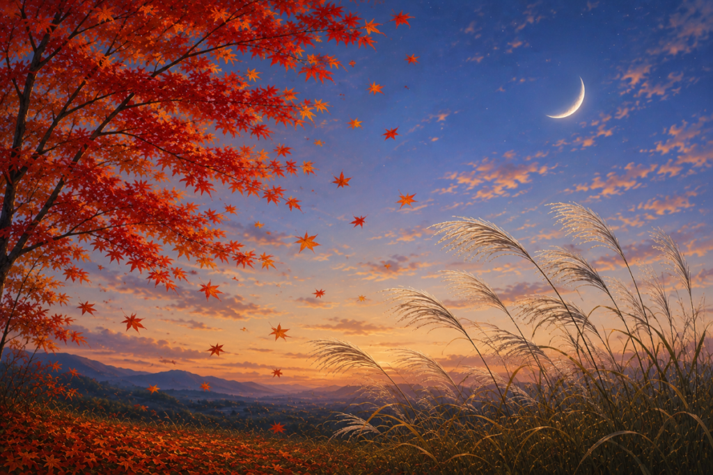 月夜に、紅葉が舞い散り、ススキが風に抜かれている様子