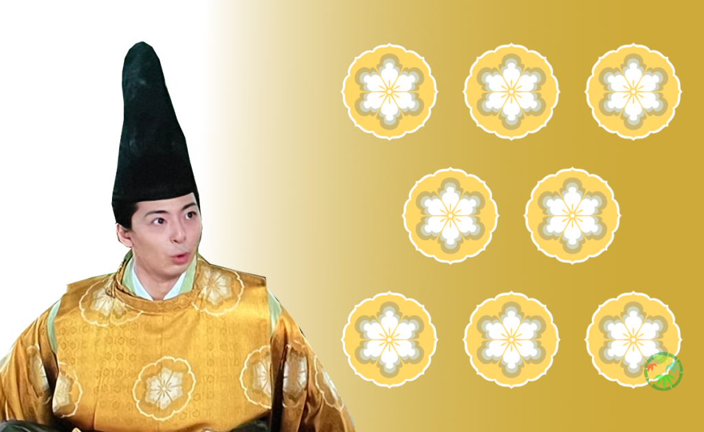 藤原惟規の衣装に描かれた鏡裏文様の解説図。黄色い装束、それに施された鏡裏文様の背景
