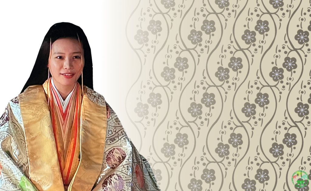 大河ドラマ「光る君へ」の賢子の肖像と、梅文様・立湧文様の背景