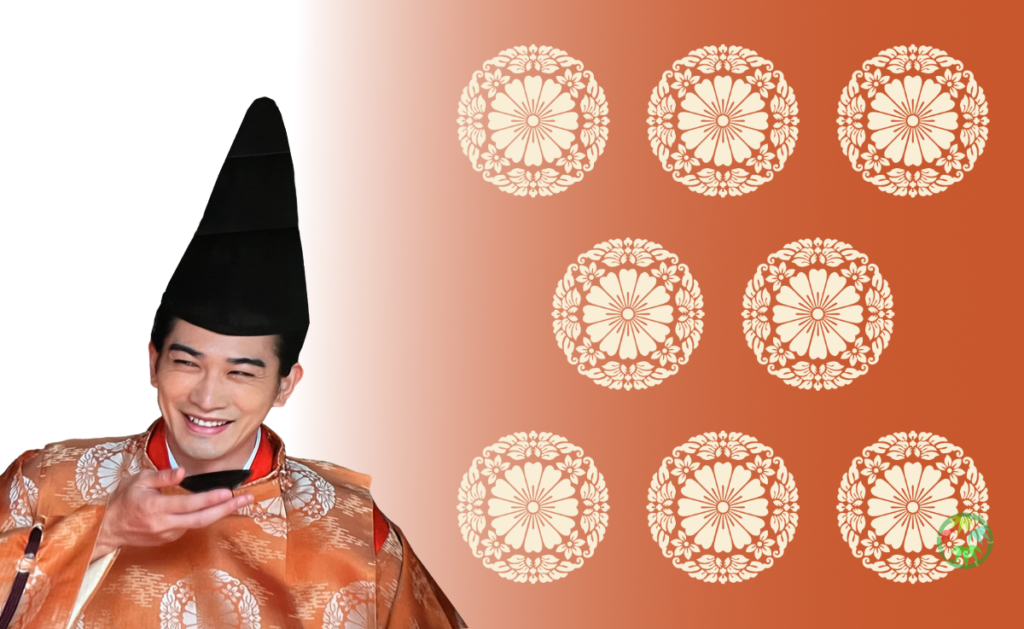 微笑む藤原公任の背景に、日本の伝統的な桜文様が配置されたアイキャッチ画像