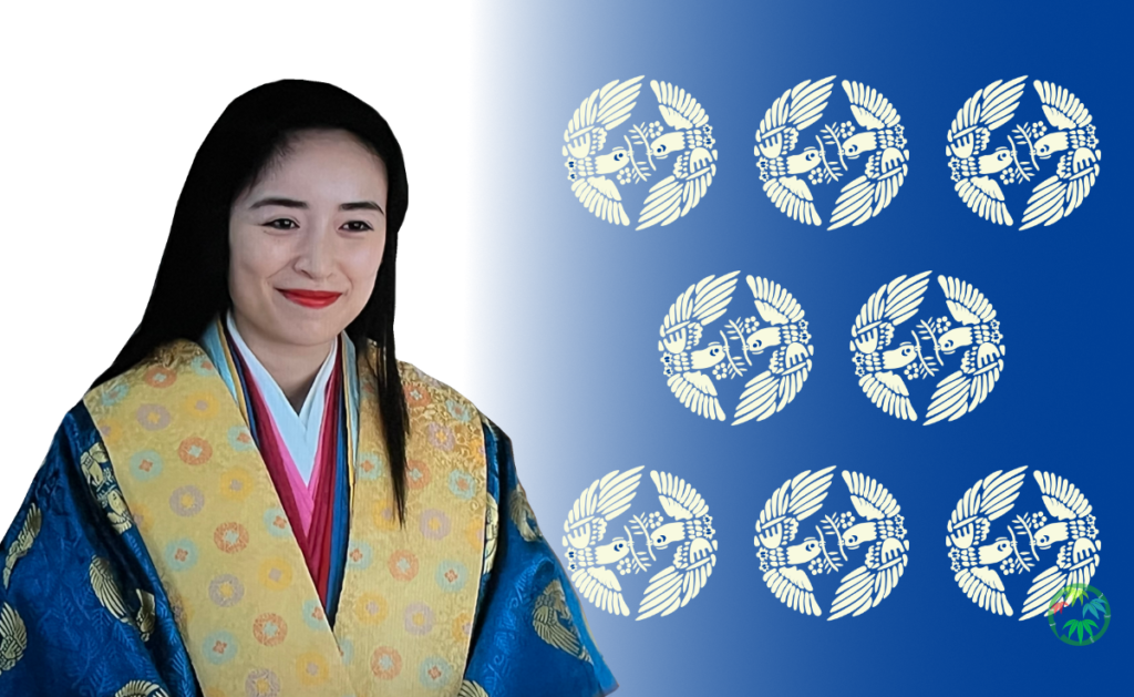 花を咥えた鳥文様のイラストを背景に、葵衣装の和泉式部が微笑む