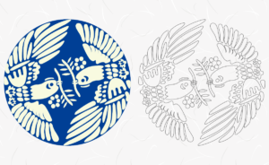2羽の花を咥えている鳥の文様と、その隣に、ぬり絵用の線画