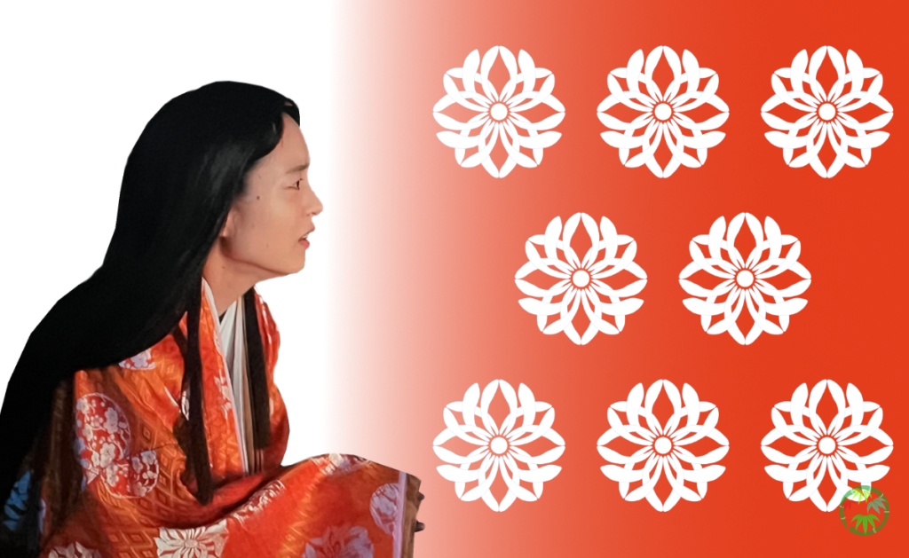 大河ドラマ『光る君へ』の登場人物、藤原娍子が描かれたイメージ画像と、右側に配置された伝統的な「乱れ菊文様」のデザイン。