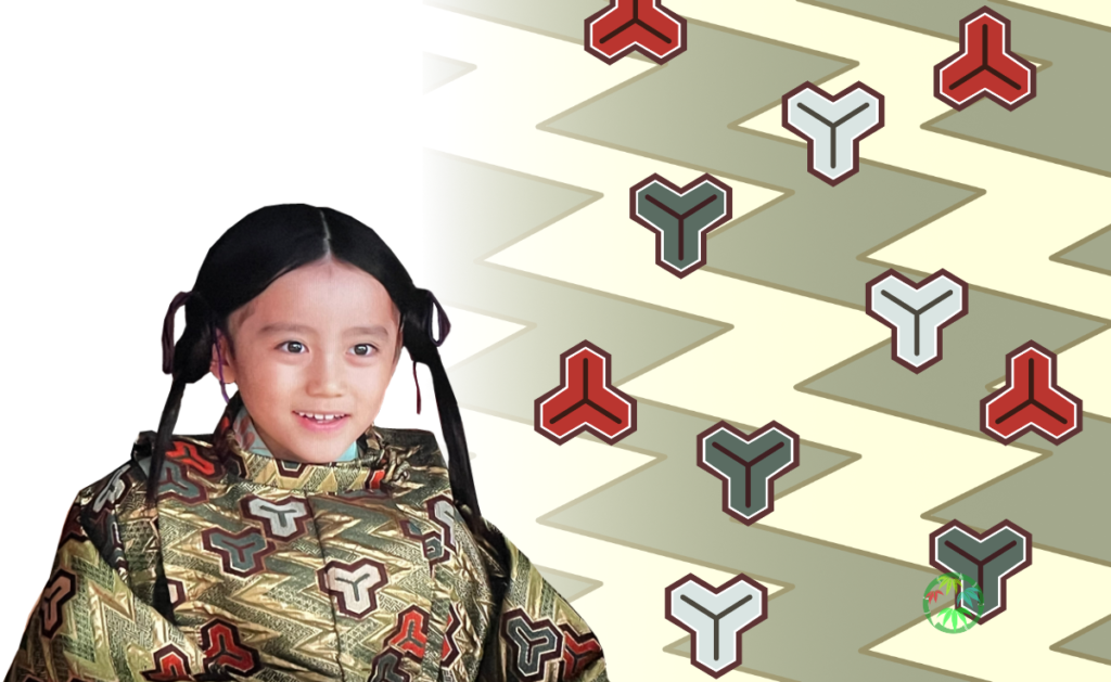 敦康親王の衣装に用いられた毘沙門亀甲文様の解説図と敦康親王の肖像