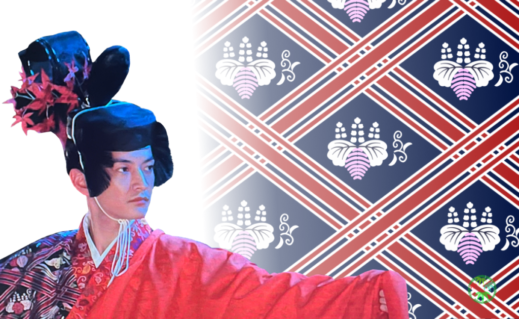 「光る君へ」で藤原頼通が舞を披露する際の衣装。華やかな桐文様が背景に施されている