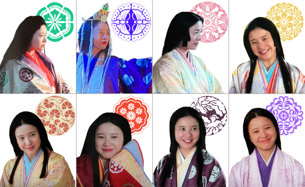 大河ドラマ『光る君へ』の主人公まひろが劇中で着用した色々な衣装とそみに添えられた伝統文様をまとめた一覧画像