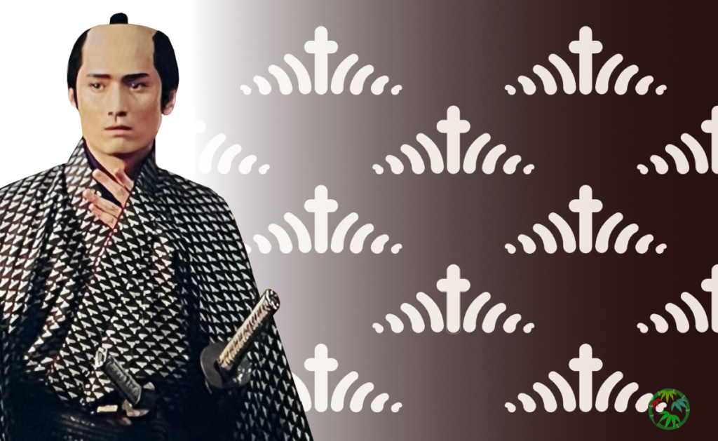 西村屋与八の劇中カットと、青い背景に様式化された稲穂が描かれた「稲文様」のデザインが並んで表示されている。