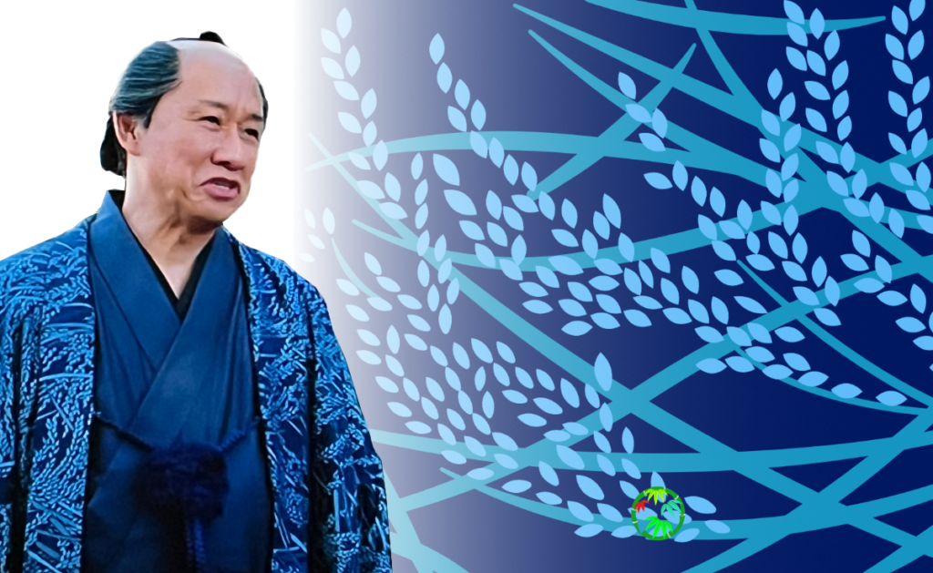 西村屋与八の劇中カットと、青い背景に様式化された稲穂が描かれた「稲文様」のデザインが並んで表示されている。