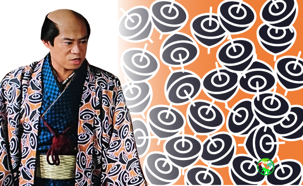 大河ドラマ“べらぼう”に登場する妓楼主人「大文字屋市兵衛」と、彼の衣装の独楽文様の画像