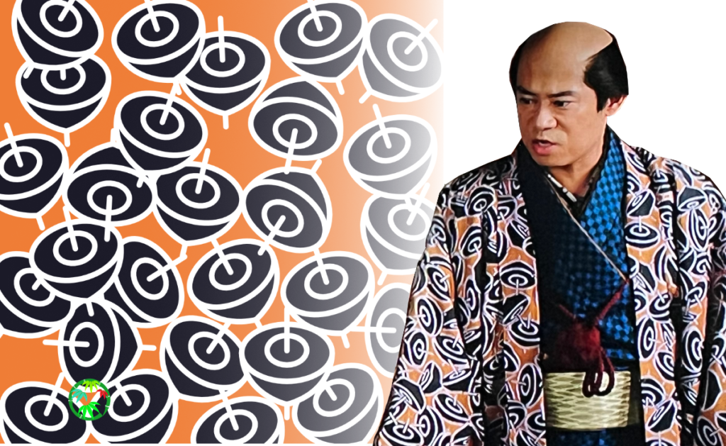 くるくる回って、運も金巡りも良くなるように願いを込めた「独楽文様」の描き下ろしイラスト