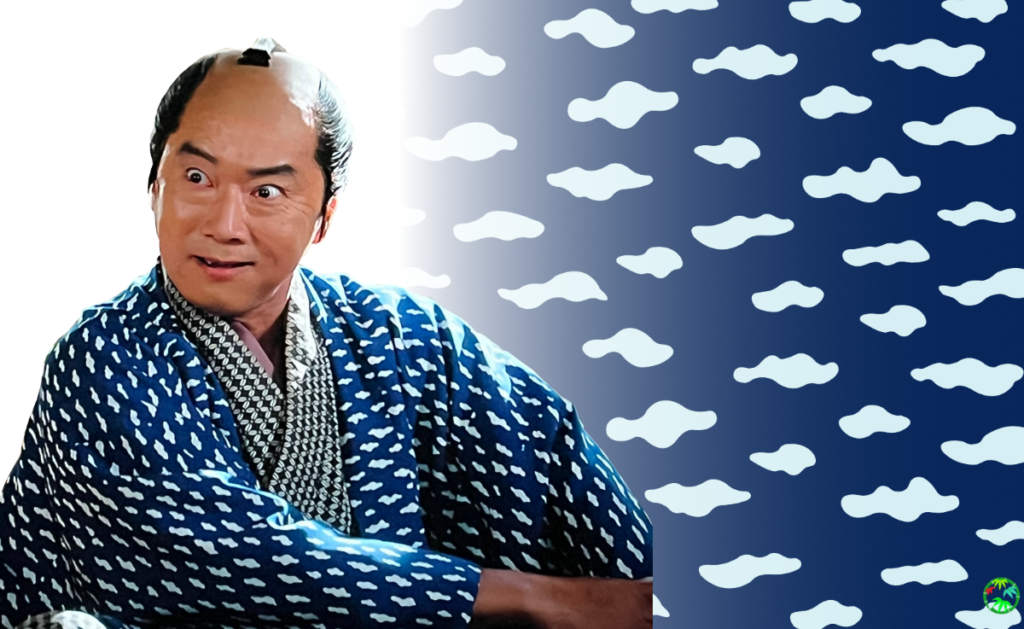 雲文様のイラストと青い着物姿で戯けた顔をしている「平沢常富」