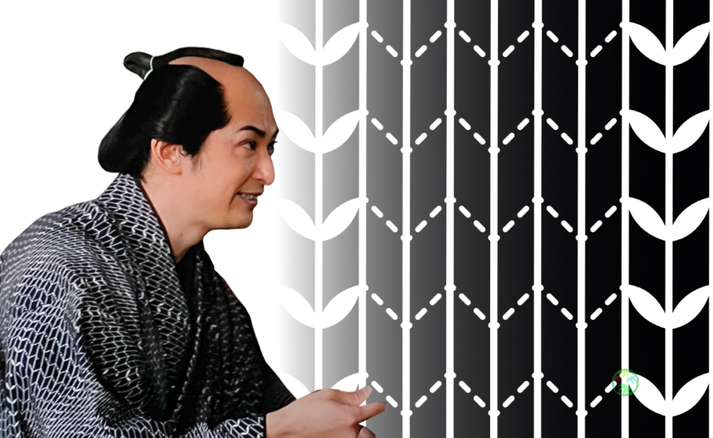 山東京伝の画像と幾何学的な杉綾文様のイラスト。