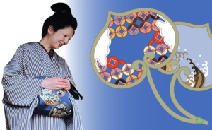 大河ドラマ「べらぼう」の登場人物・ふじの姿と、青を基調とした華やかな「ふたば葵文様」のグラフィック