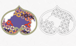 左側は「葵文様」のぬりえ見本。ドラマ「べらぼう」で着用された衣装と同じ配色で塗られた、ハート型の「ふたば葵文様」。右側はぬり絵の下絵用の線画。