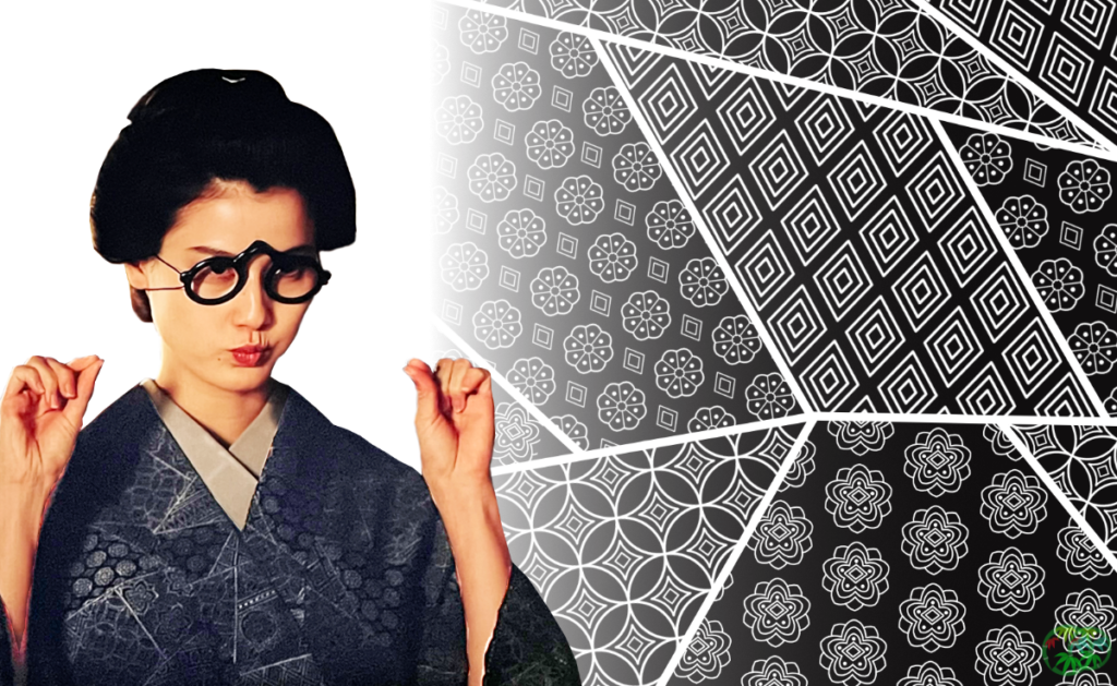 江戸の版元・蔦屋重三郎の妻・ていを演じる俳優と、彼女の着ている衣装の文様「裂取り文様」。