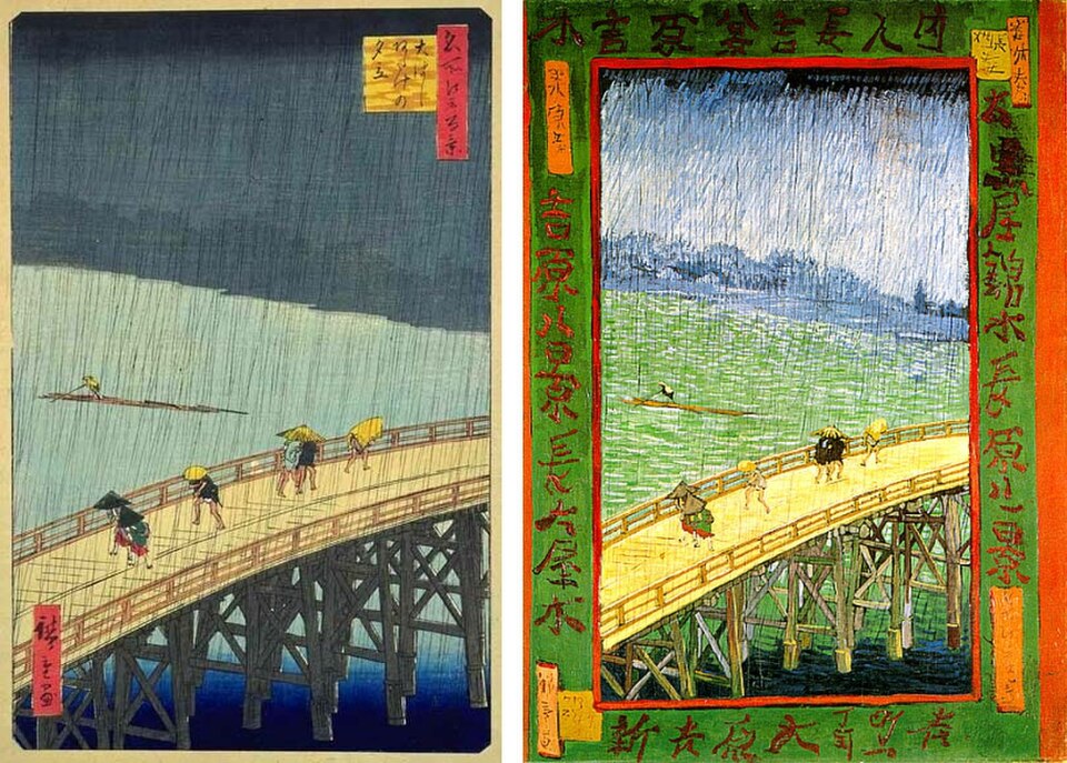 左 安藤広重 「大橋のあたけの夕立」右 ゴッホ 模写 出典:Wikimedia Commons