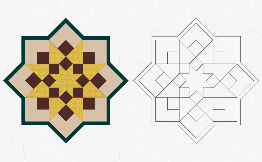 左は築地本願寺の本堂にある、エキゾチックな模様のタイル。右は、ぬり絵用の線画。