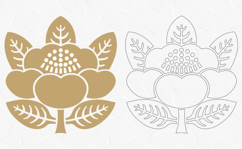 安産・子育てのご利益がある水天宮の御神紋「椿」の、色付きの見本と白抜きのぬりえが並んだバナー画像。厄除け・神仏加護・長寿の意味があることが添えられています。