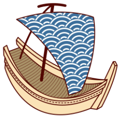 帆掛け船文様。帆には藍色で青海波の模様が描かれている