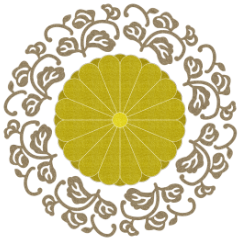真ん中に菊の花、その周りは唐草文様の蔓が描かれたイラスト