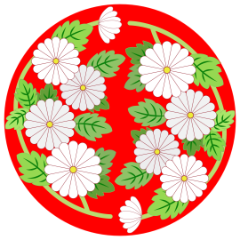 赤い円の中に、白い小菊の花と緑の葉を左右に配置された小菊丸文様のイラスト