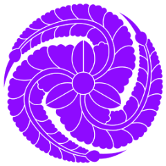 藤の花房3本が巴の形に左まわりに回転している「左三藤巴（ひだりみつふじどもえ）」の紫色の文様。