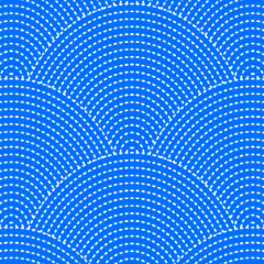 深海を思わせるような濃い青色の地に、白く細かい点で半円を描き、幾重にも重なる波を表現した鮫青海波文様。平穏な未来が永遠に続くことを願う文様