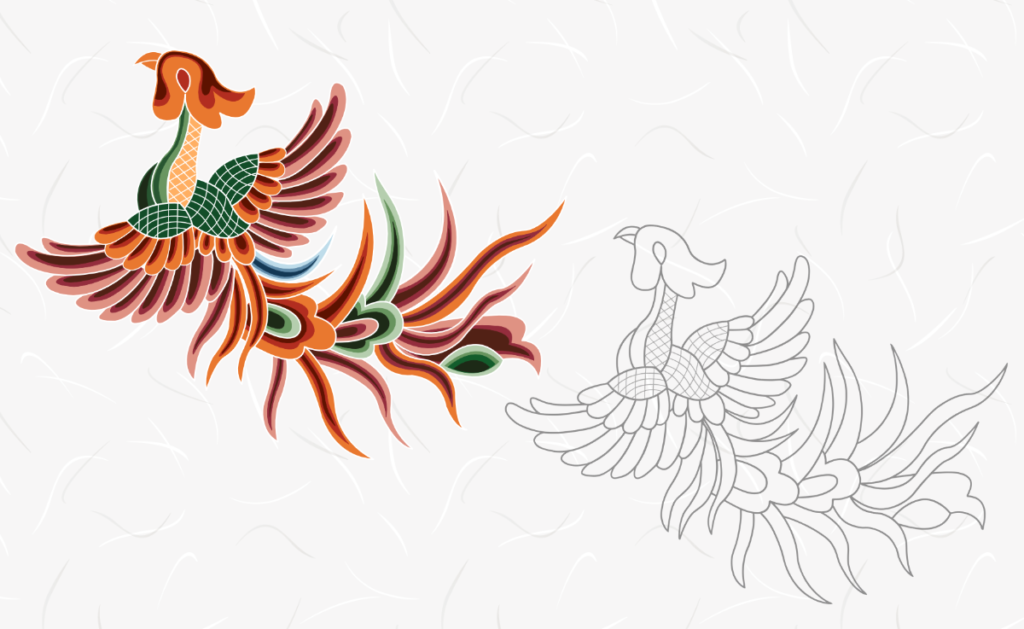 平等院鳳凰堂の象徴である鳳凰をモチーフにした、極彩色の見本付きぬり絵。自分好みの色で伝統的な鳳凰文様を楽しめる無料配布用アイキャッチ。