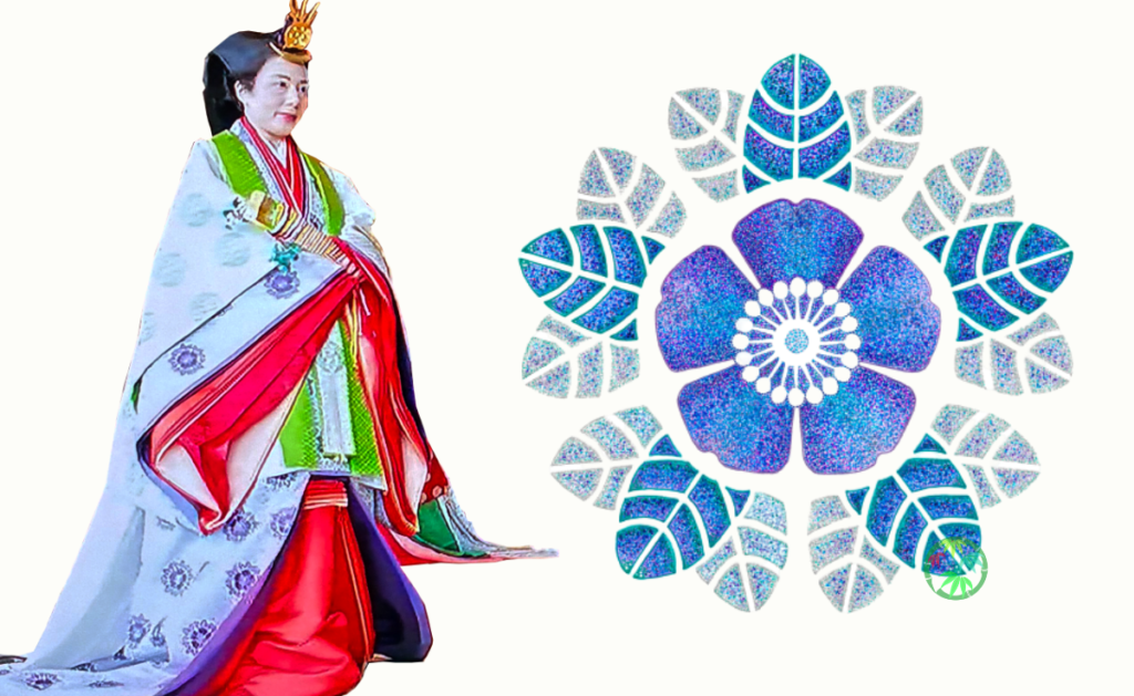 十二単をお召しになった皇后雅子さまと、お印であるハマナス（薔薇）の文様デザイン