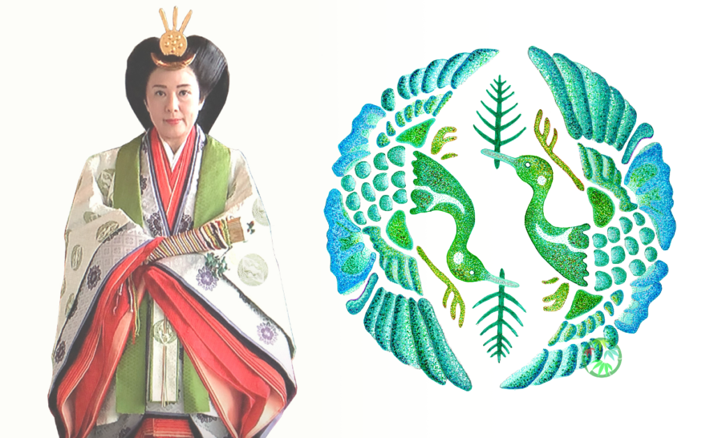 皇后雅子様と、即位礼の時の十二単衣の文様「松喰鶴」のデザイン画