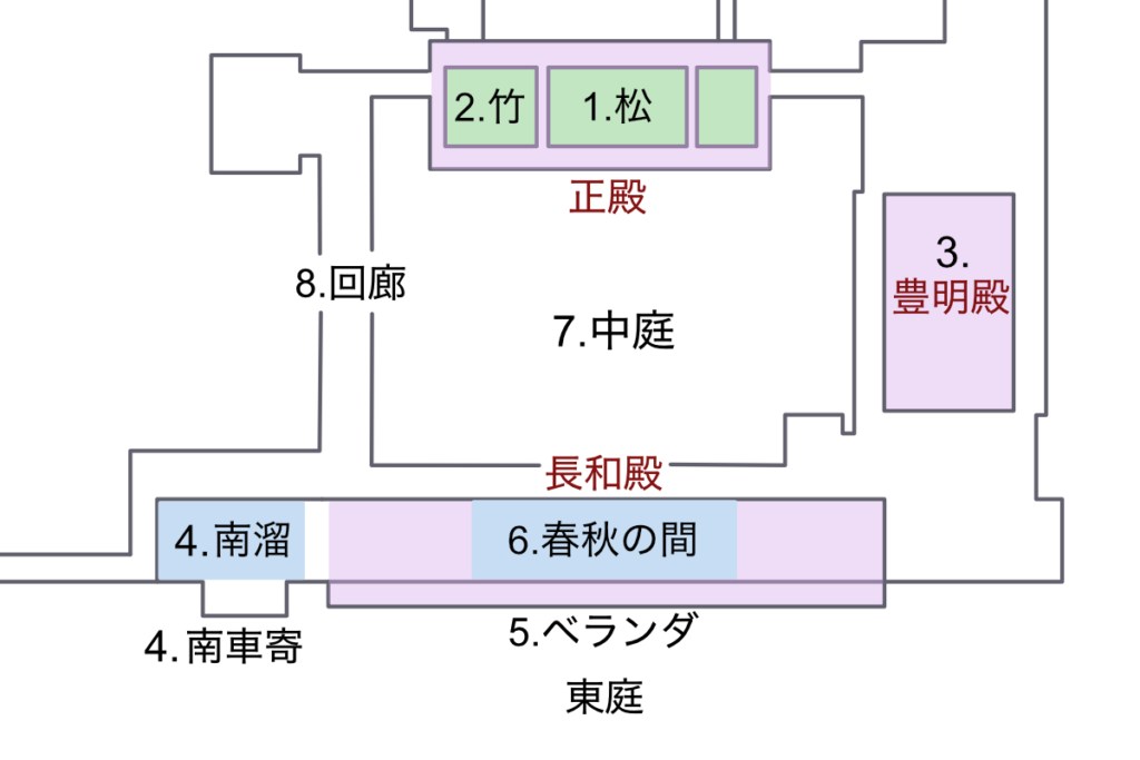 皇居宮殿内の間取りを示す見取り図（正殿、長和殿、豊明殿）