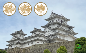 青空に映える白鷺城（姫路城）の大天守と、上部に配置された3つの蝶紋（池田家の家紋意匠）
