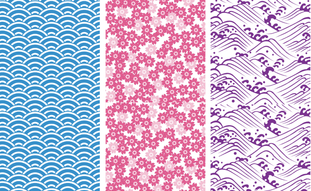 左から、青色の「青海波」、ピンク色の桜文様、紫色の「波文様」の三つの「ゆりかもめ」の駅文様を並べた画像