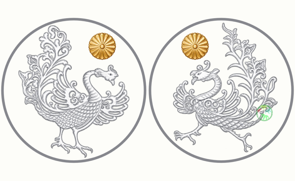 平成と令和の即位の礼で贈られたボンボニエールに描かれた鳳凰文様。菊の御紋とともに、対になるように配置された2つの鳳凰の線画デザイン。