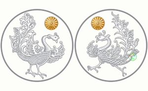 平成と令和の即位の礼で贈られたボンボニエールに描かれた鳳凰文様。菊の御紋とともに、対になるように配置された2つの鳳凰の線画デザイン。