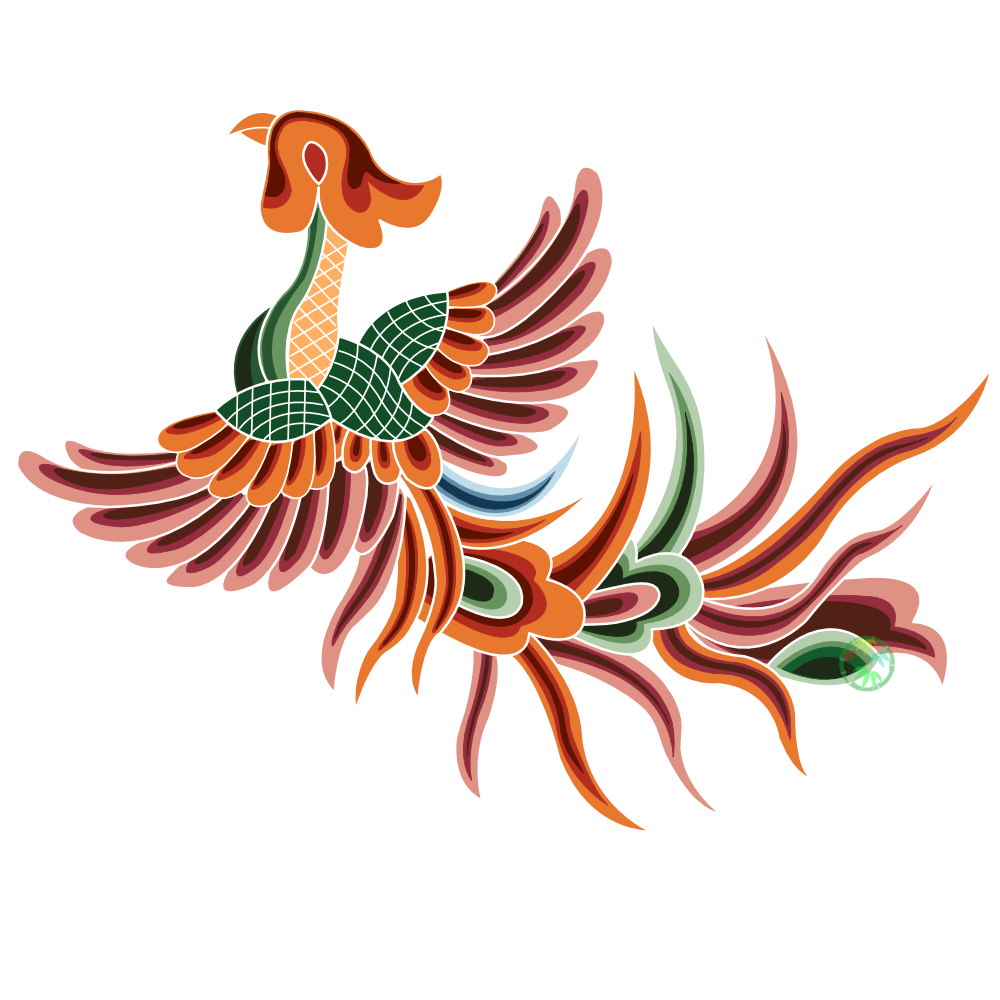 美しい羽を広げて舞う伝説の瑞鳥、鳳凰の文様。優れた王が現れる時に姿を現すといわれ、天下泰平の平和な世と、人々の幸福、そして気高くあることへの願いを象徴しています。