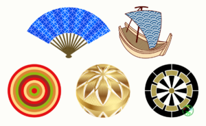 器物文様（扇、宝船、車輪、毬、独楽）のイラスト